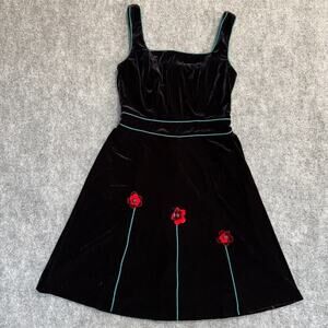 Vintage JSC Black Velvet Fit Flare Dress Floral Applique Made Canada Size 8
